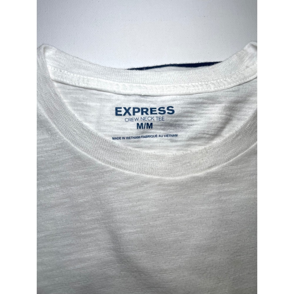 Express Mens Medium Long Sleeve Striped Pocket Crew Neck Tee White Navy Blue 320 - Picture 2 of 9
